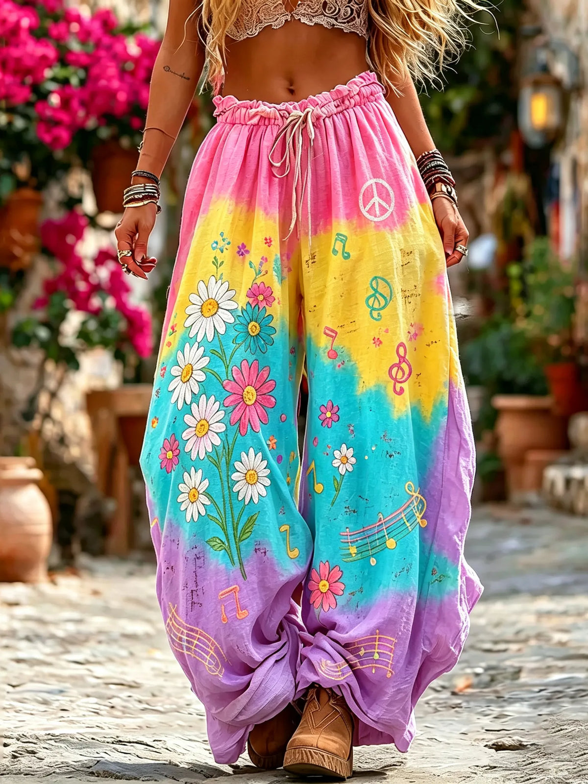 Women's Hippie Floral And  Musical Note Pattern Art Embroidered Linen Blend Pants