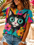 Women's Colorful Abstract Black Cat And Floral Print Short Sleeve Tee