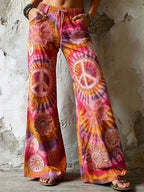 Women's Retro Floral Hippie Logo Lace-up Casual Trousers