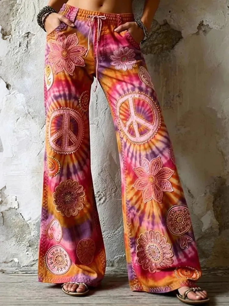 Women's Retro Floral Hippie Logo Lace-up Casual Trousers