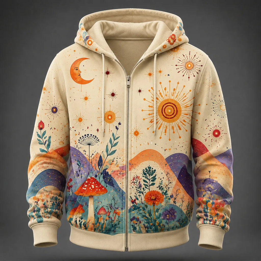 Men's Fantasy Art Sun Moon Mushroom Forest Print Zip-Up Hoodie