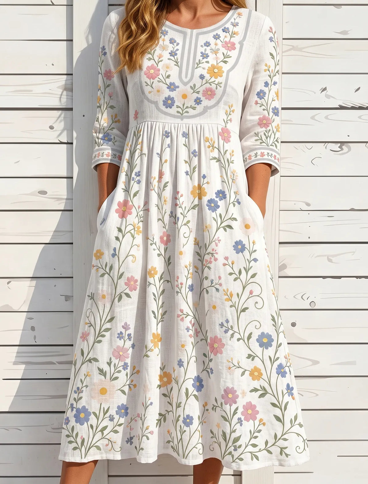 Women's Vintage Floral Pattern Art Embroidered Linen Blend Dress