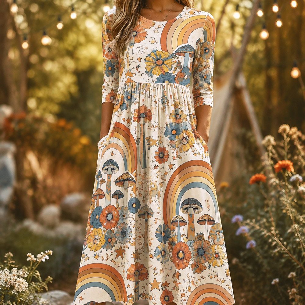 Women's Retro 70s Groovy Rainbow, Mushroom And Daisy Floral Pocket Midi Dress