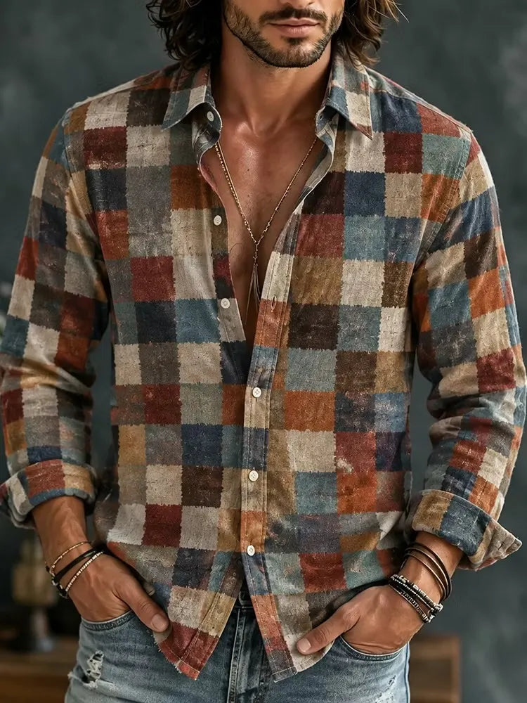 Men's Bohemian Mixed Tone Squared Print Long Sleeve Shirt