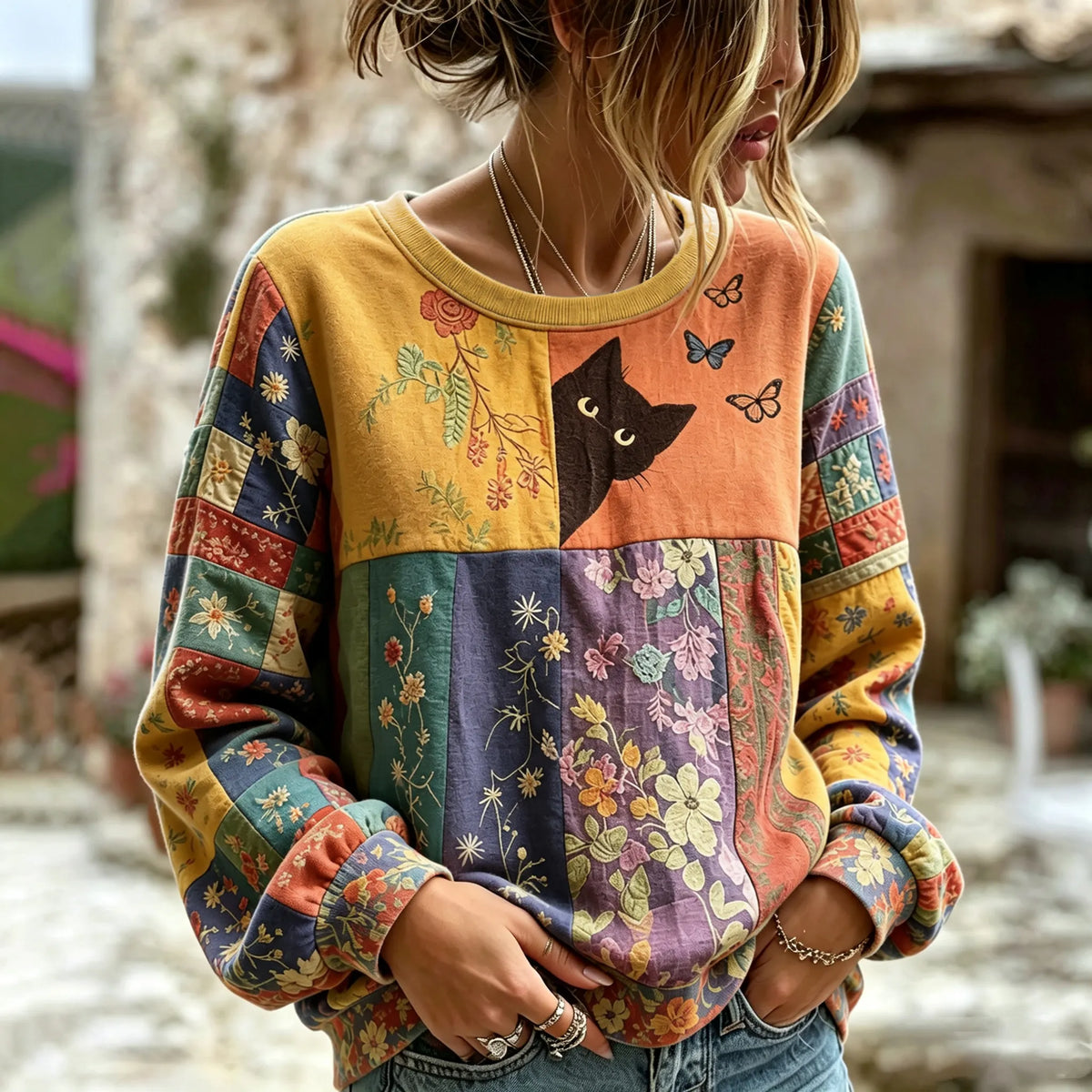 Women's Hippie Black Cat Art Print Round Neck Sweatshirt