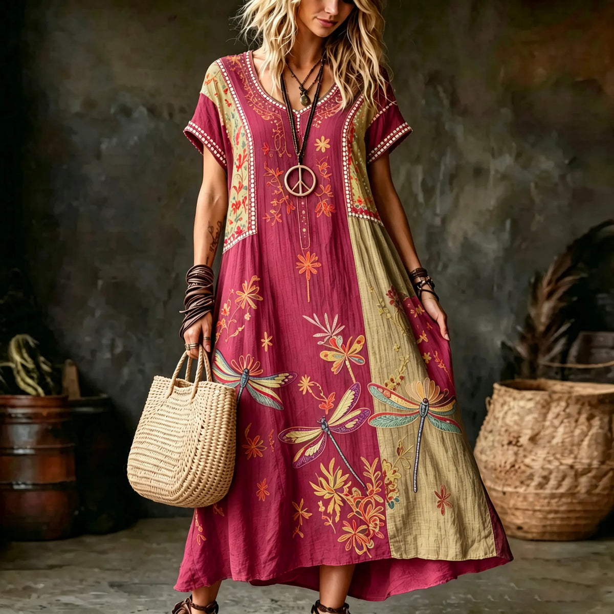Women's Vintage Hippie Floral And Dragonfly In Patchwork Pattern Art Printed Linen Blend Maxi Dress
