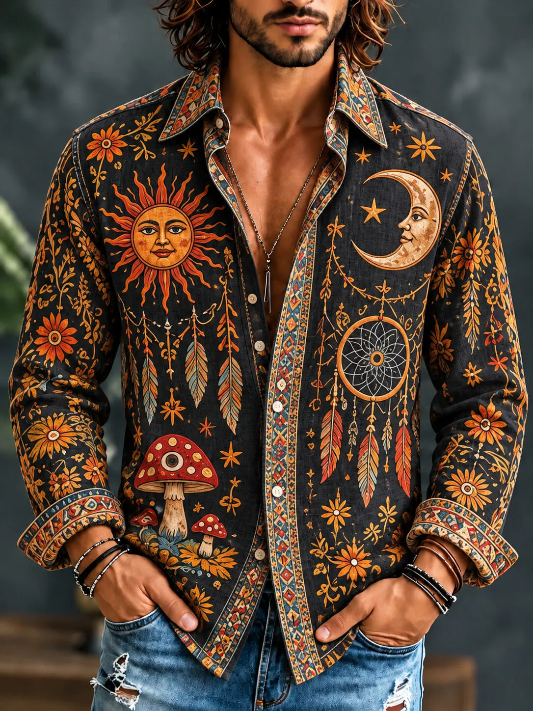 Men's Hippie Starry Sky Elements Mushroom Floral Print Long Sleeve Shirt