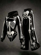 Women's Retro Halloween Skeleton Rose Print Hoodie Three-piece Set