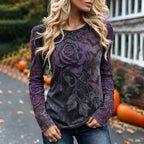 Women's Vintage Halloween Purple Rose Art Comfy Long Sleeve T-shirt
