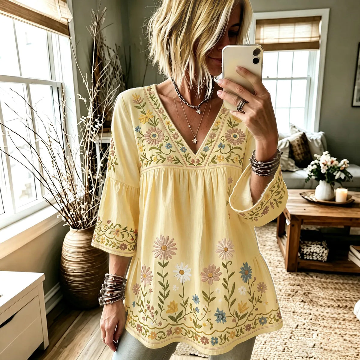 Women's Retro Hippie Floral And Dragonfly Art Flowy Linen Blend Three Quarter Sleeves T-shirt