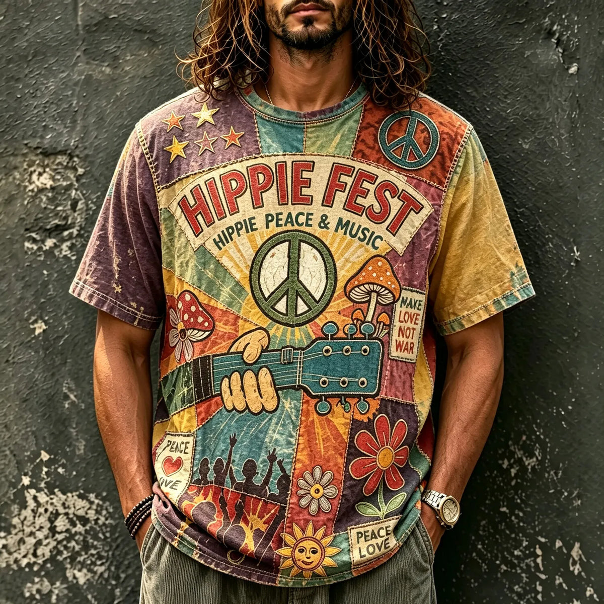 Men's Peace Love Music Guitar Print Crew Neck Short Sleeve T-Shirt