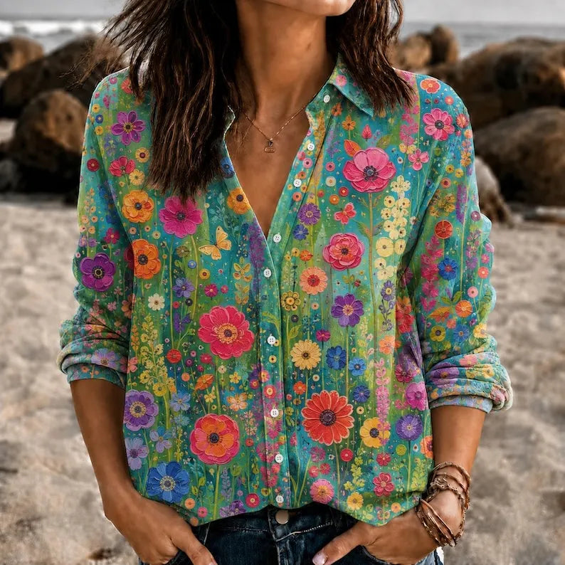 Women's Retro Hippie Style Floral Pattern Linen Casual Shirt