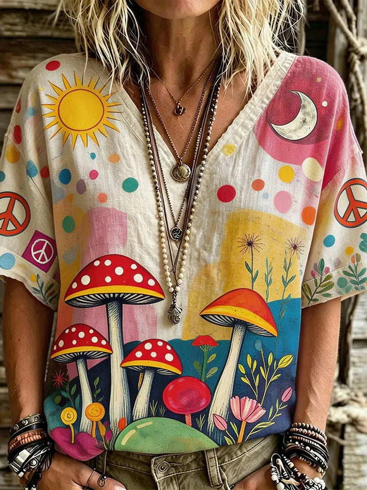 Women's Retro Hippie Style Psychedelic Mushroom, Sun, Moon And Peace Logo Print Loose Linen Casual T-shirt