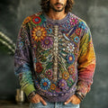 Men's Rainbow Tie Dye Skeleton Blossom Print Crew Neck Sweatshirt