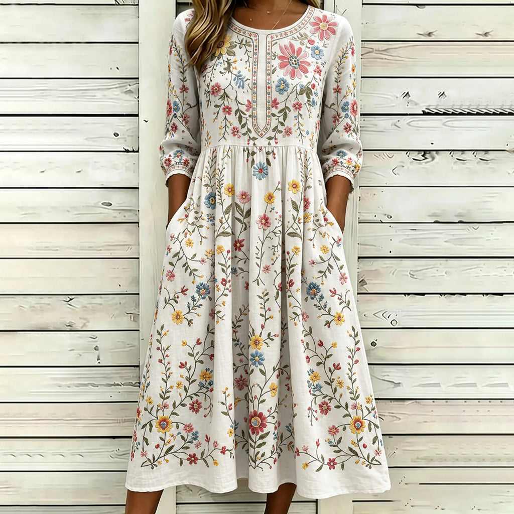 Women's Vintage Floral Pattern Art Embroidered Linen Blend Dress