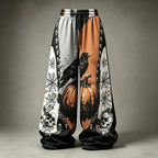 Retro Crow, Pumpkin, Skull, And Spider Web Print Color-blocked Trousers