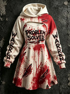 Women's Retro Halloween Vacation Bloodstain Problem Solved Printed Hoodie Dress Two-piece Set