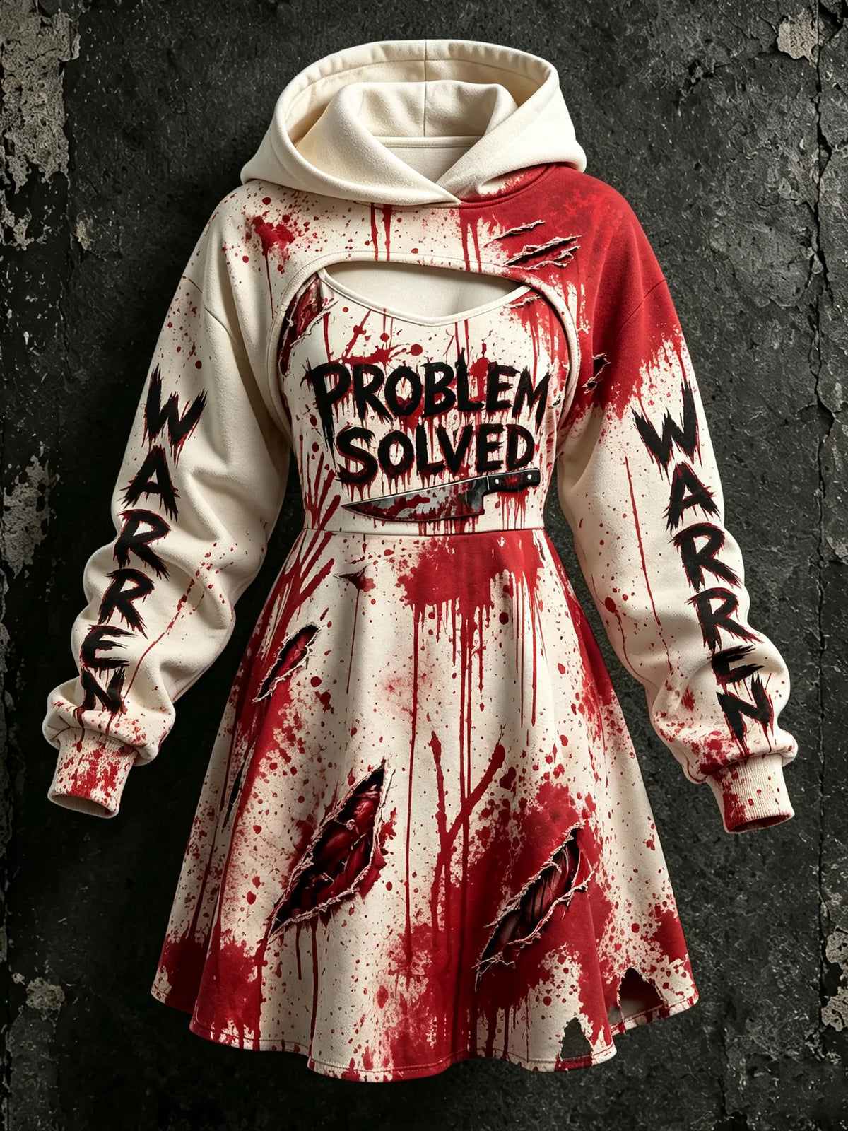 Women's Retro Halloween Vacation Bloodstain Problem Solved Printed Hoodie Dress Two-piece Set