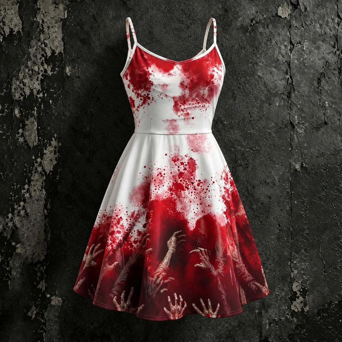 Women's Retro Halloween Bloodstain Hand Print Hoodie Suspender Dress Two-piece Set