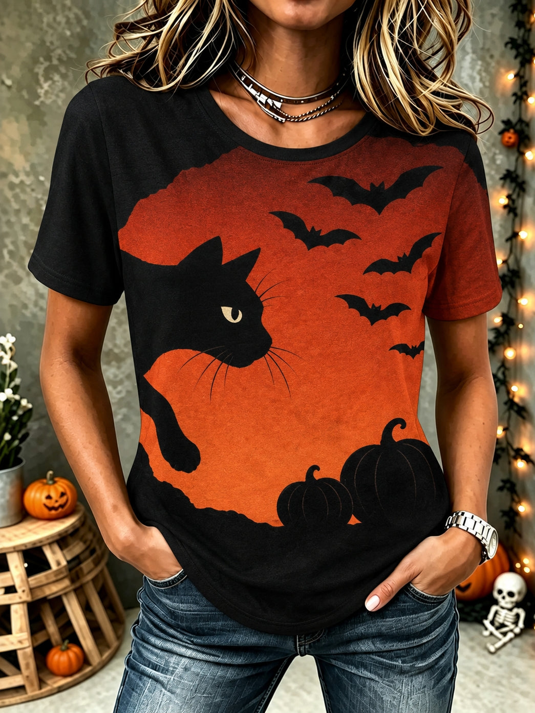 Women's Vintage Gothic Halloween Cat Print Comfy Print Tshirt
