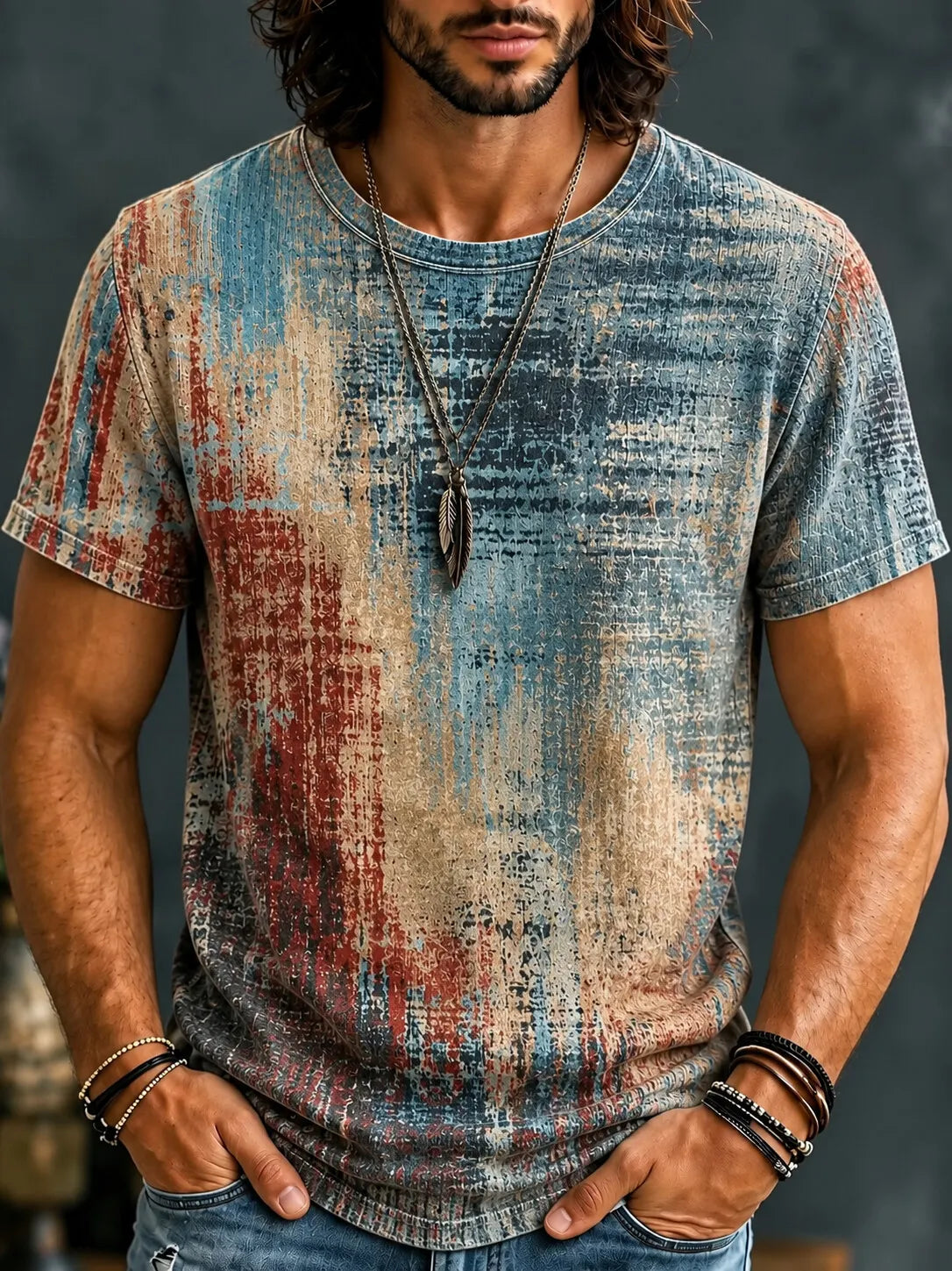 Men's Irregular Block Shapes Print Crew Neck Short Sleeve T-Shirt