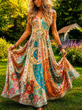 Women's Boho Multicolored Sun, Moon & Floral Print Maxi Dress
