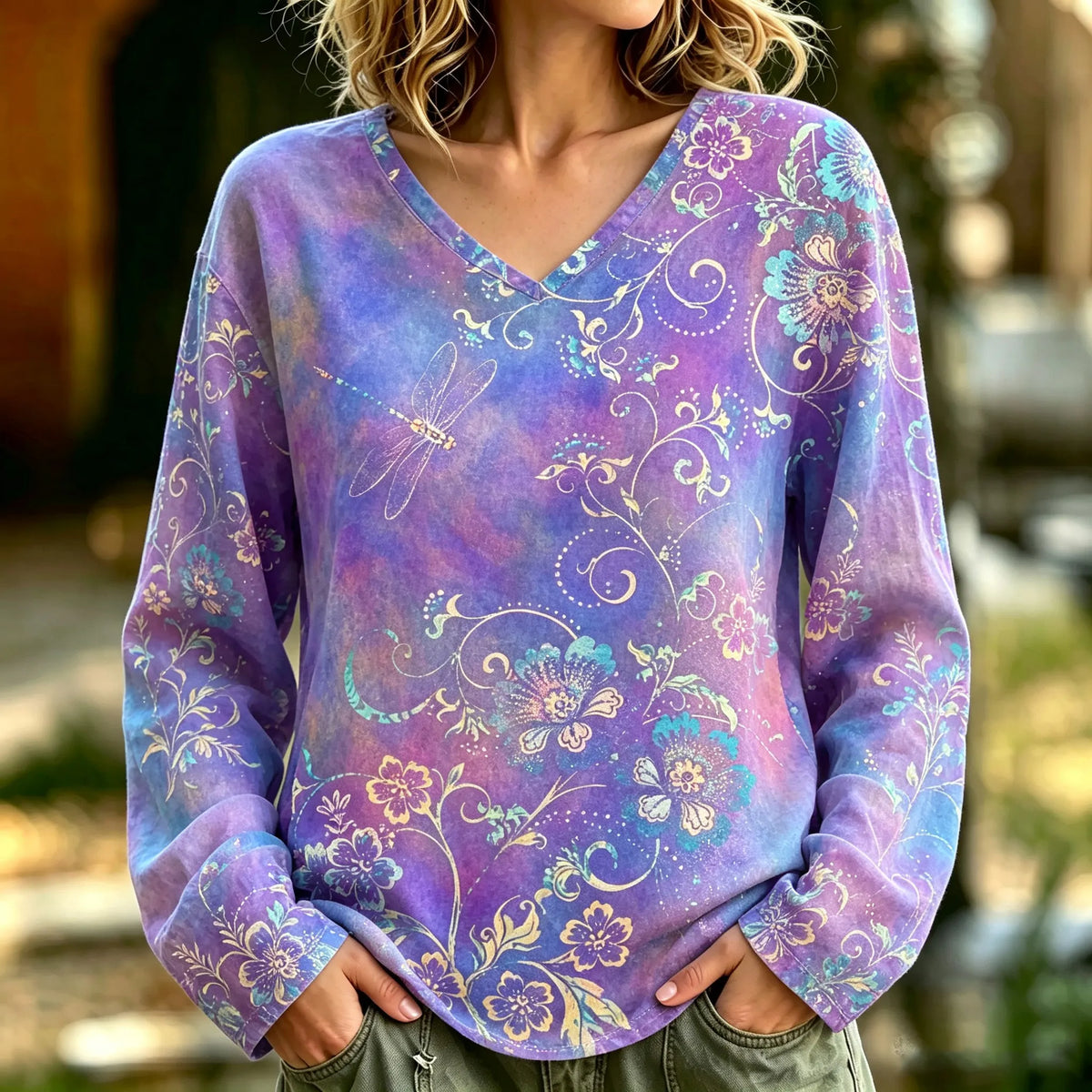 Women's Retro Gradient Floral Dragonfly Print Casual Linen Long-sleeve T-shirt