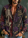 Men's Hippie Rock Skeleton Guitar Print Long Sleeve Shirt