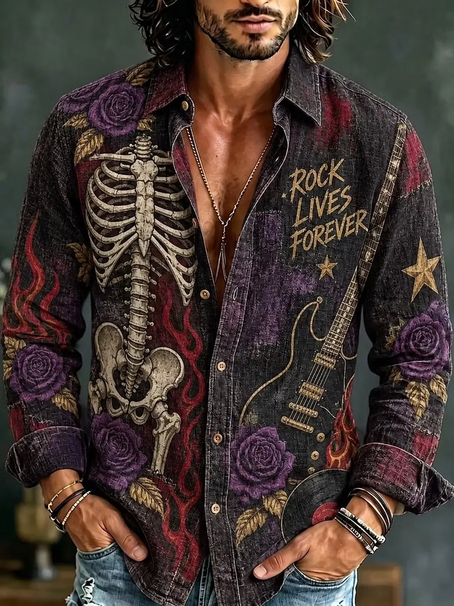 Men's Hippie Rock Skeleton Guitar Print Long Sleeve Shirt
