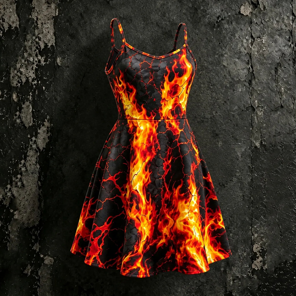 Women's Retro Halloween Flame Crack Print Hoodie Suspender Dress Two-piece Set