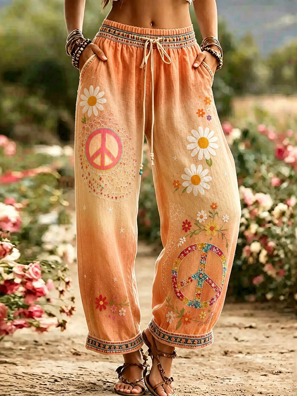 Women's Hippie Vintage Hippie Floral Art Linen Casual Pants