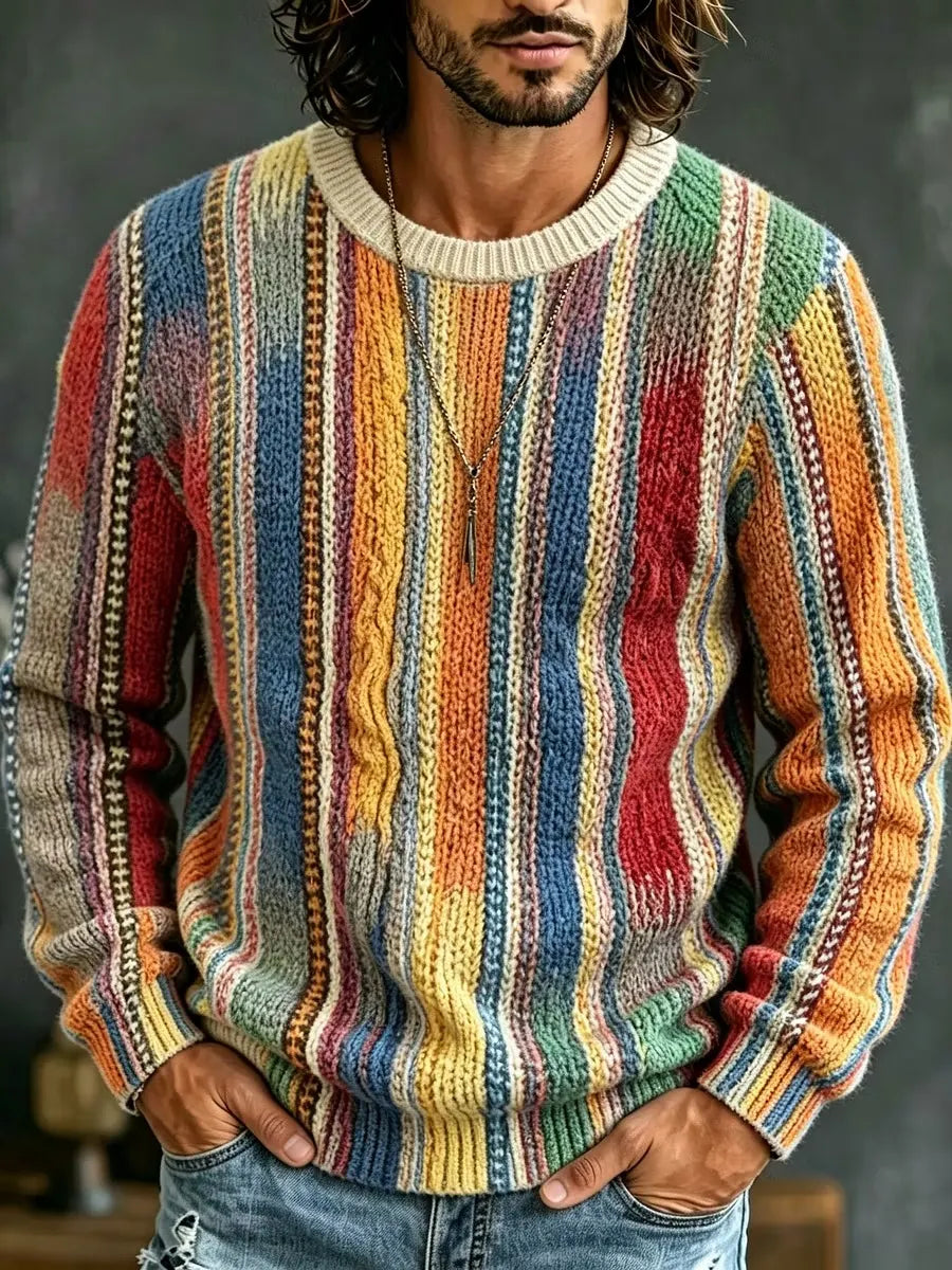 Men's Vibrant Multicolored Vertical Wavy Striped Bands Print Round Neck Sweater