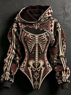 Women's Halloweenhalloween Gothic Skeleton & Floral Poker Print Hoodie Two-piece Set