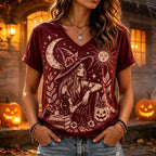 Women's Halloween Witch, Cat, Moon & Sun Graphic V-neck T-shirt