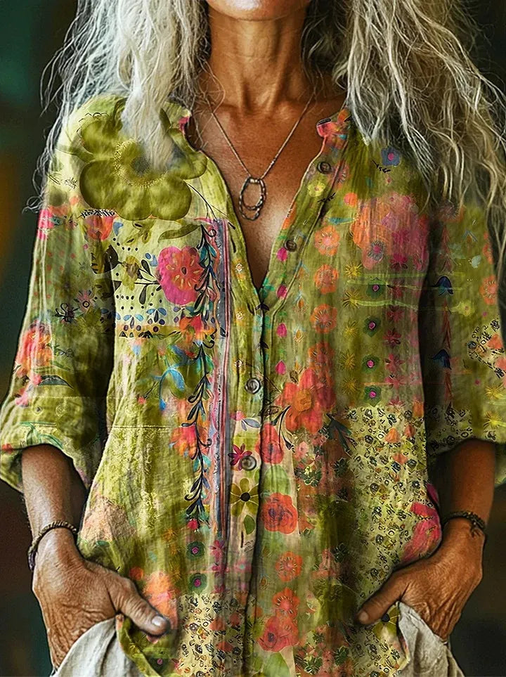 Women's Vintage Watercolor Flower Collage Art Print Casual And Linen Shirt