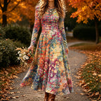 Women's Retro Abstract Print Crew Neck Long Sleeve Maxi Dress