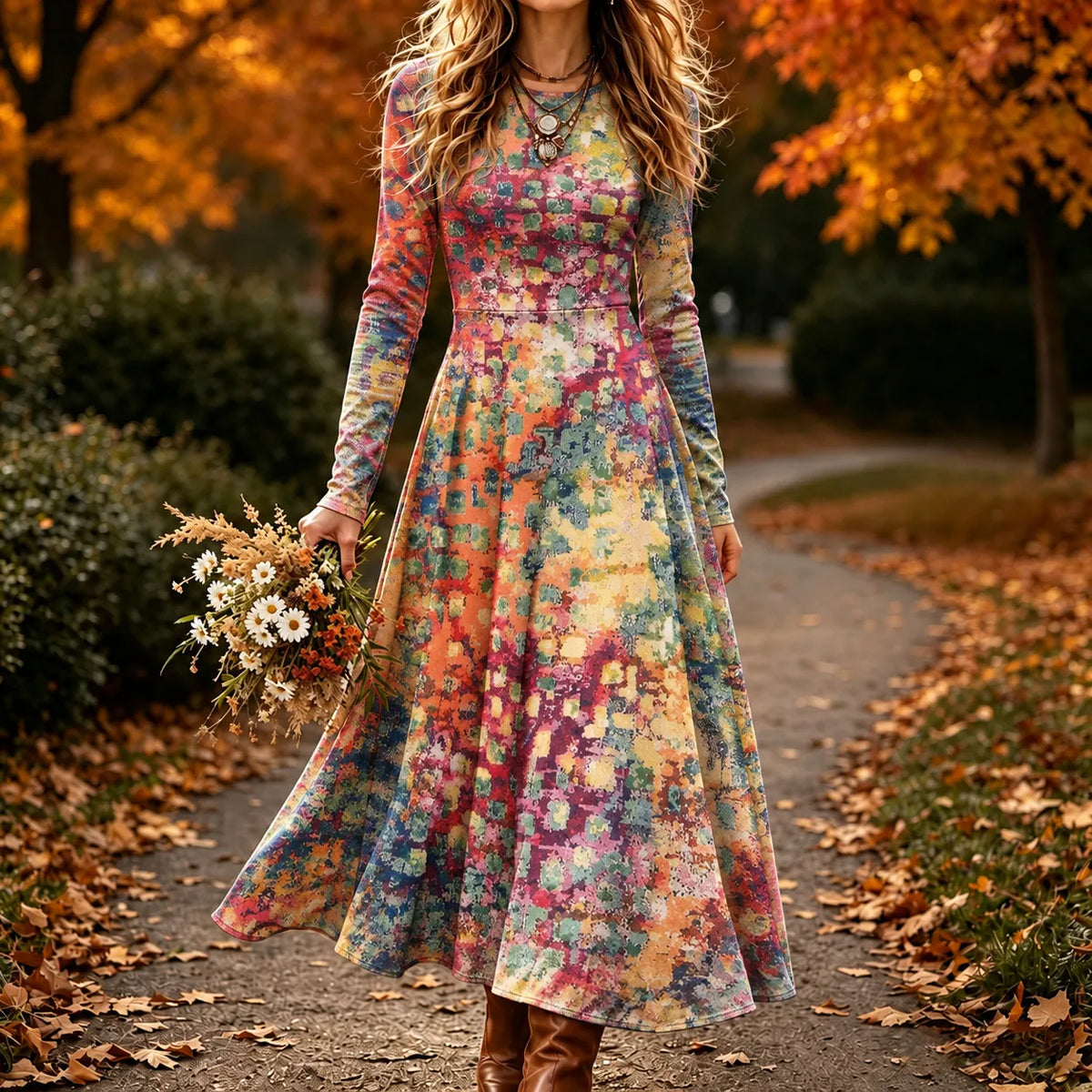 Women's Retro Abstract Print Crew Neck Long Sleeve Maxi Dress