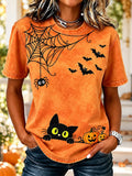Women's Halloween Black Cat, Spider Web And Bats Casual T-shirt