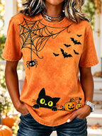 Women's Halloween Black Cat, Spider Web And Bats Casual T-shirt