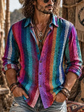 Men's Hippie Vertical Rainbow Stripes Print Long Sleeve Shirt