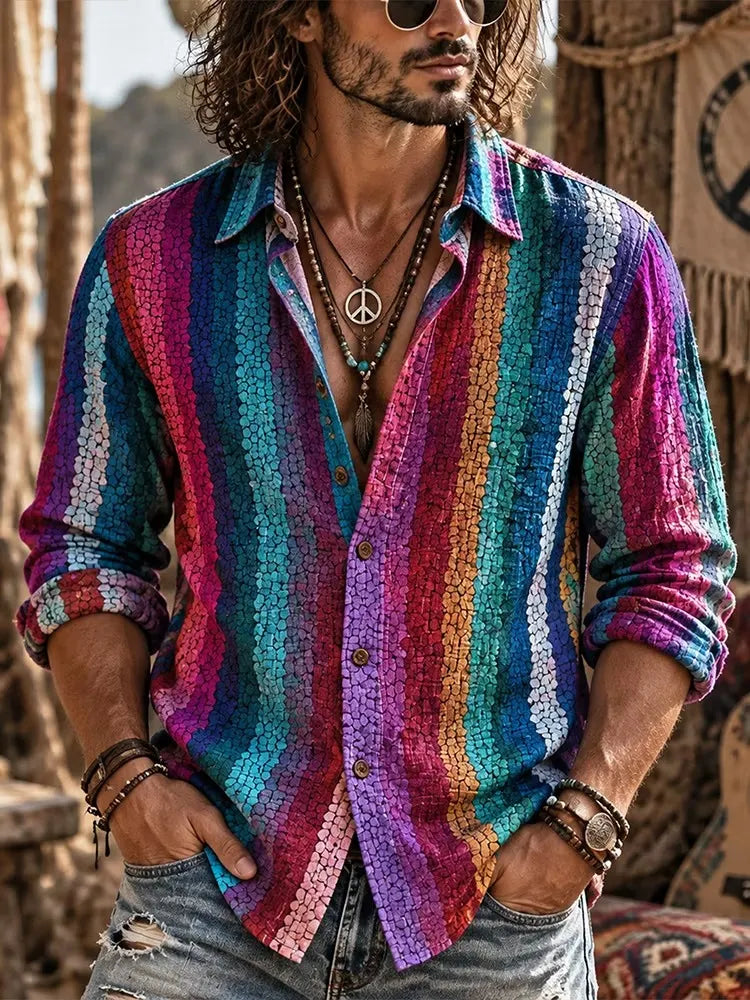 Men's Hippie Vertical Rainbow Stripes Print Long Sleeve Shirt