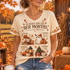 Women's Autumn Ber Months Seasonal Graphic V-neck Short Sleeve T-shir