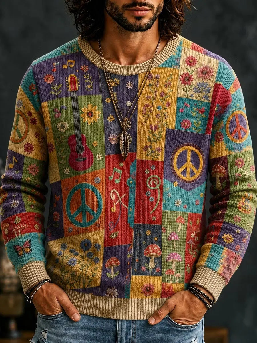 Men's Colorful Block‐Divided Music Flower Butterfly Peace Graphics Print Round Neck Sweater