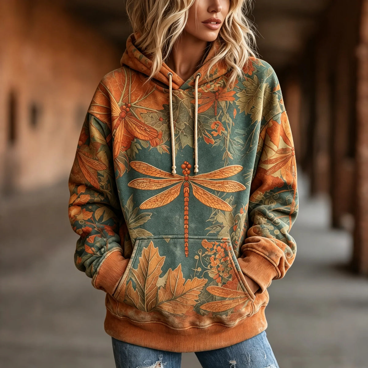 Women's Vintage Bohemian Fall Floral And Dragonfly Art Print Hoodie