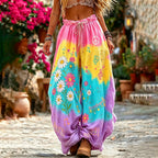 Women's Hippie Floral And  Musical Note Pattern Art Embroidered Linen Blend Pants