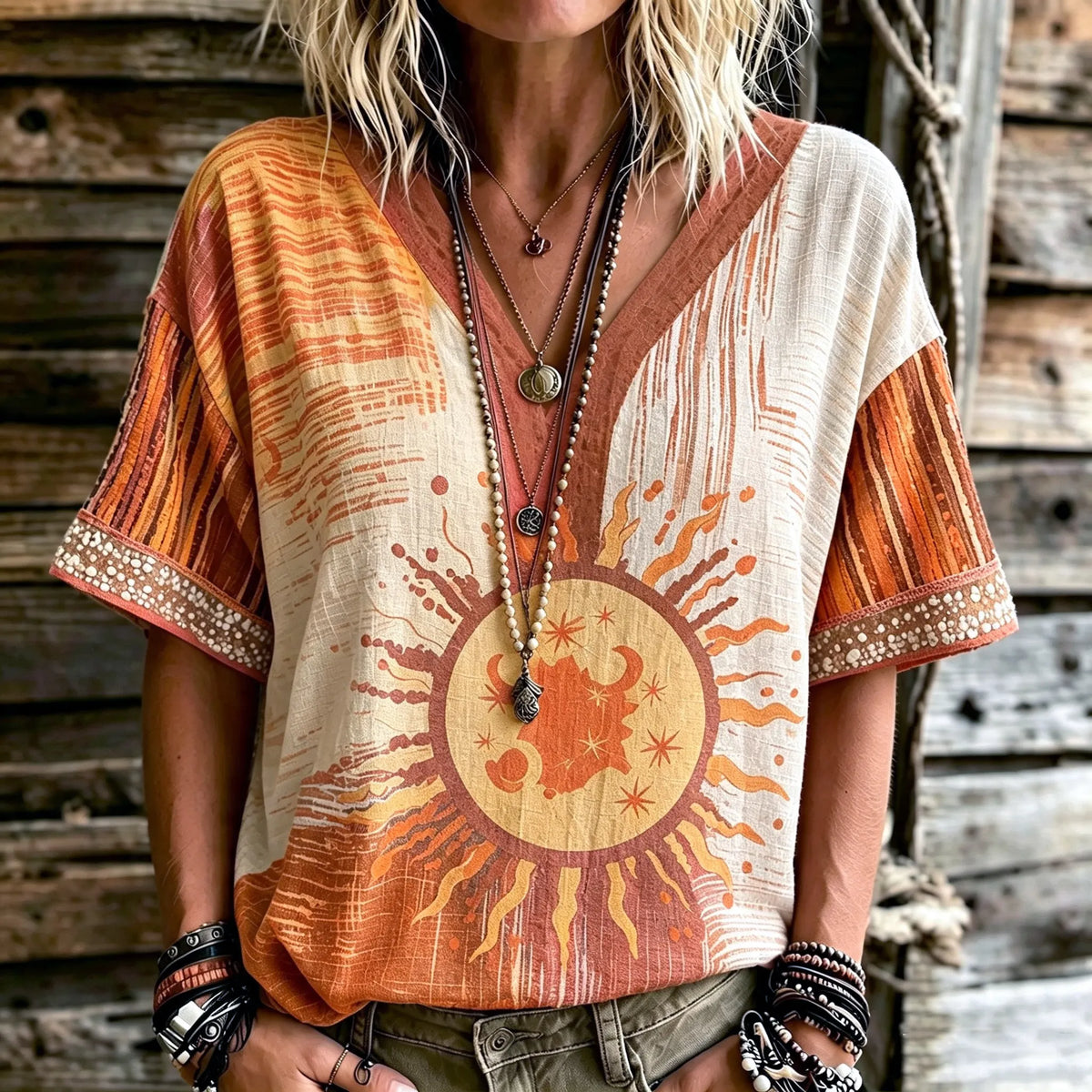 Women's Retro Star And Moon Embroidered Print V-neck Top