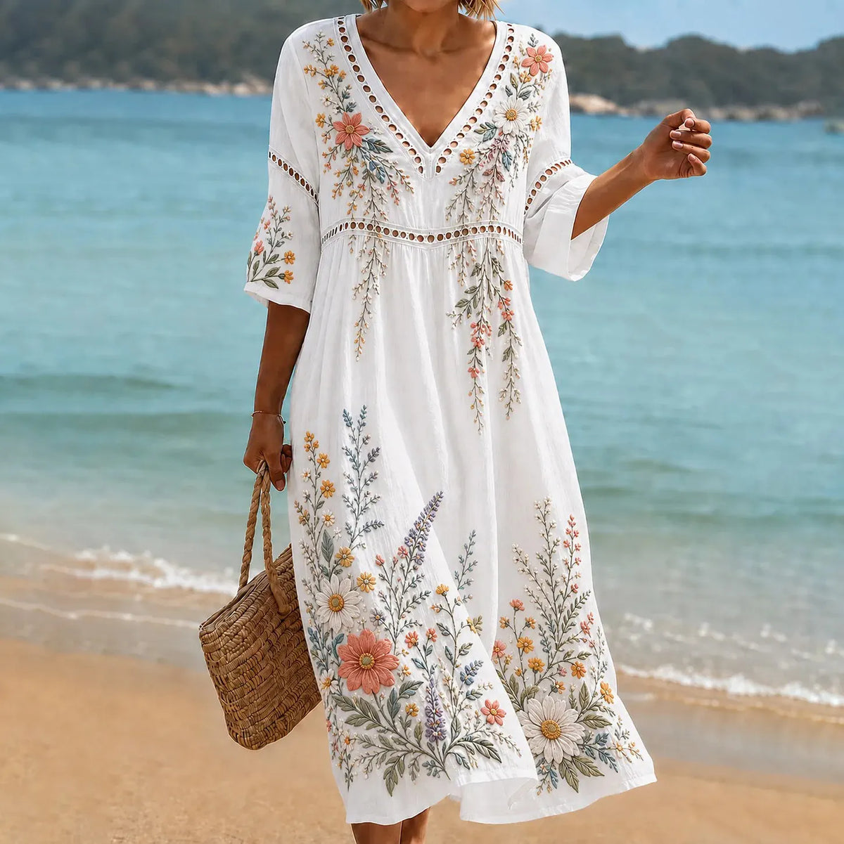 Women's Vintage Floral Pattern Art Embroidered Linen Blend Dress