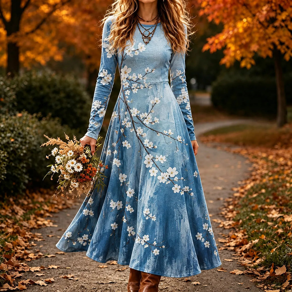 Women's Retro Floral Print Crew Neck Long Sleeve Casual Maxi Dress