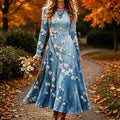 Women's Retro Floral Print Crew Neck Long Sleeve Casual Maxi Dress