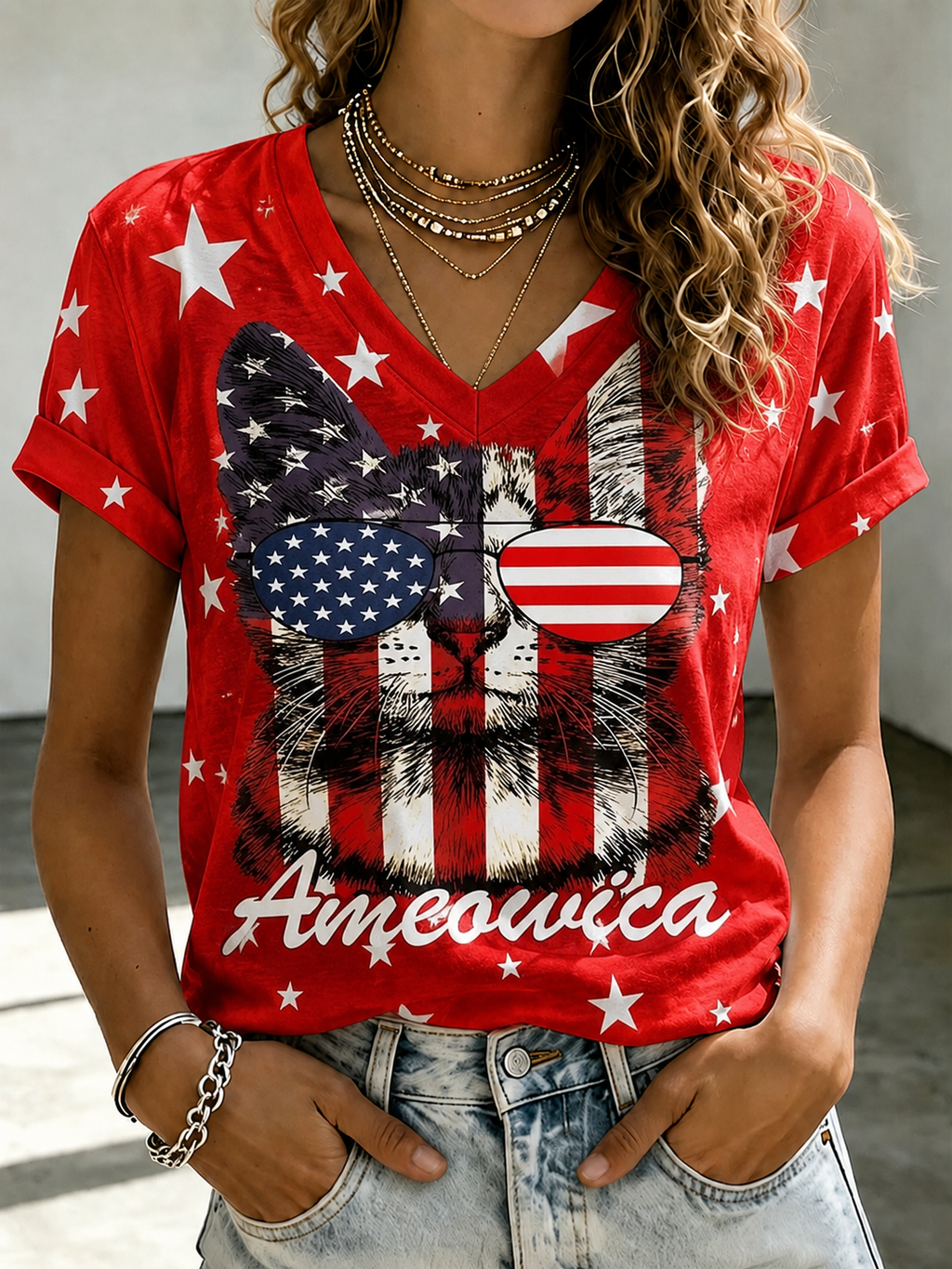 Women'S American Flag Cat Printed Casual T-Shirt